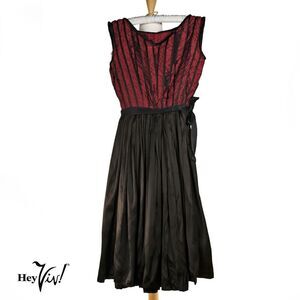 Vintage 50s Dress Fit and Flare Black Satin Circle Skirt Sze S B34 W22 - Hey Viv